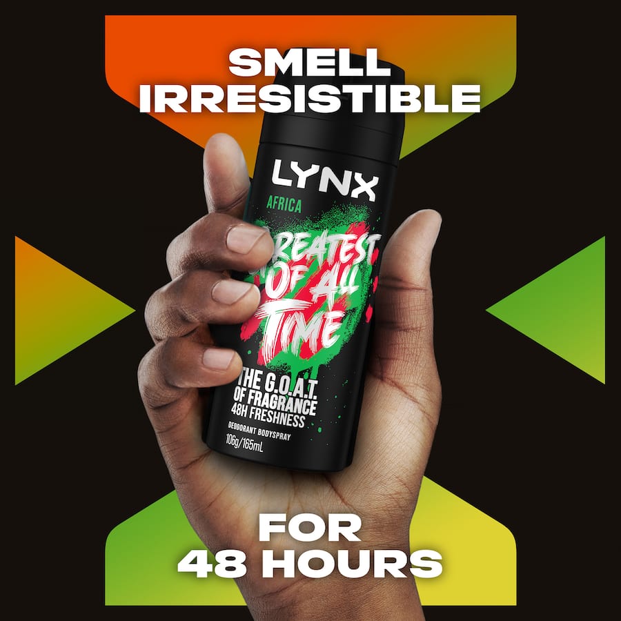 Lynx Africa Deodorant Body Spray featuring mandarin and sandalwood, offering 48-hour odour protection in eco-friendly packaging.