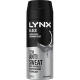 Lynx Black Antiperspirant Deodorant spray in a recyclable can, offering 72-hour sweat protection with cedarwood and pear scent.
