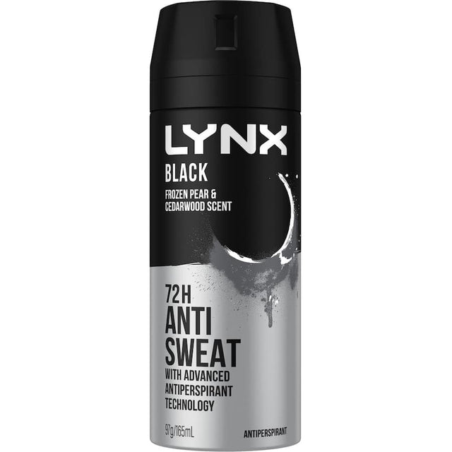 Lynx Black Antiperspirant Deodorant spray in a recyclable can, offering 72-hour sweat protection with cedarwood and pear scent.