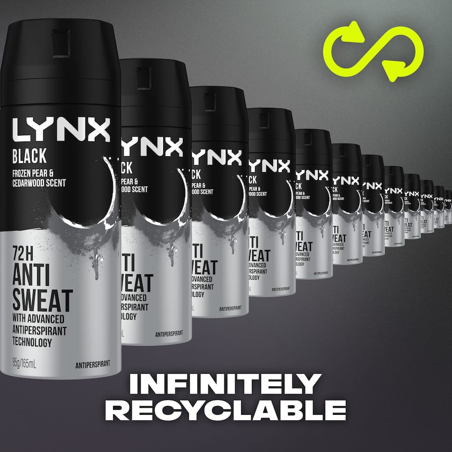 Lynx Black Antiperspirant Deodorant offers 72-hour sweat protection with a seductive cedarwood and frozen pear scent.