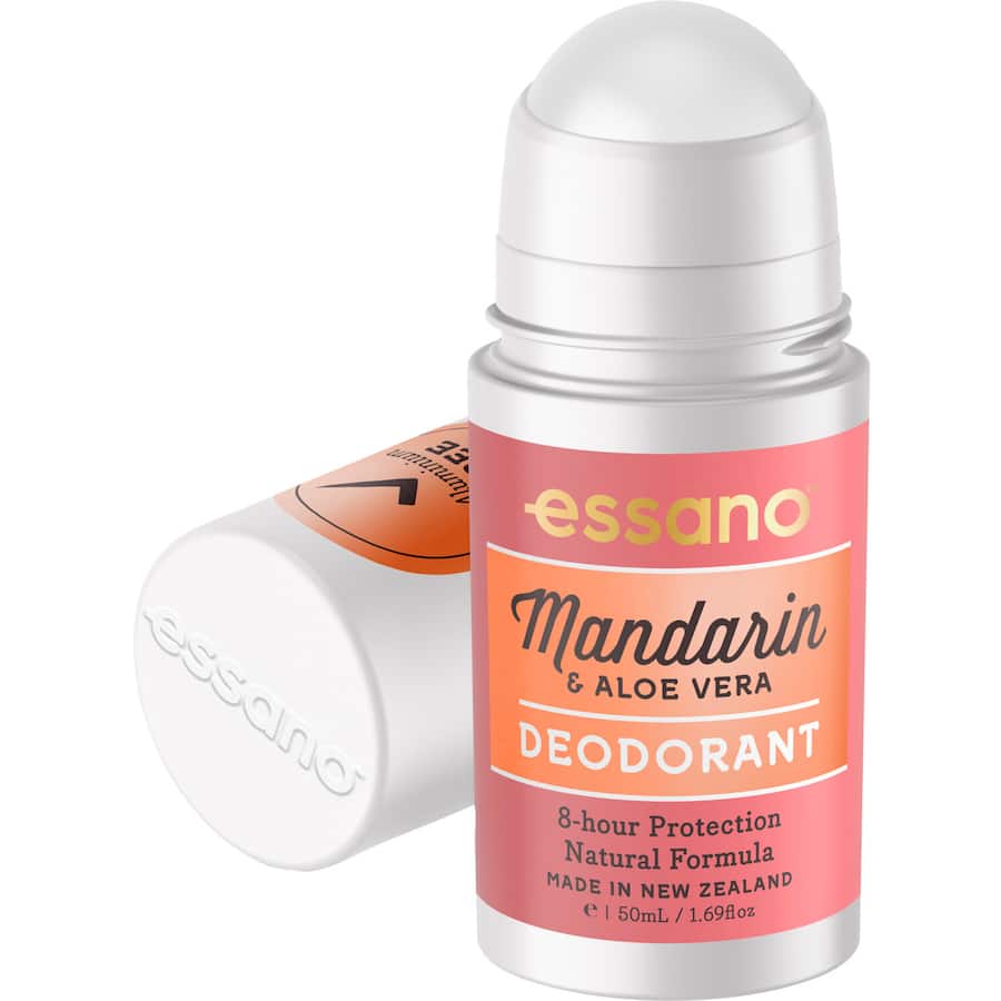 Essano Roll On Natural Deodorant with mandarin and aloe vera offers 24-hour odor protection, lightweight, eco-friendly formula.