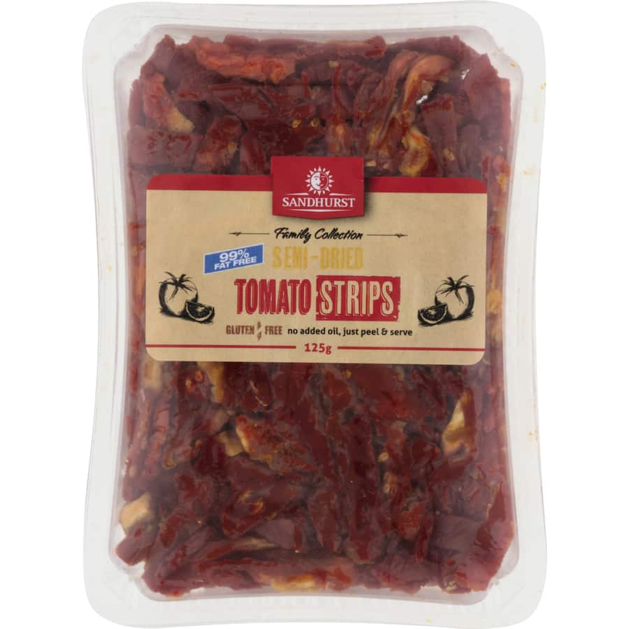 Sandhurst Sundried Tomato Strips, oil-free, versatile, perfect for enhancing salads, pizzas, and sandwiches with rich flavor.