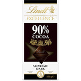 Premium Lindt Excellence Dark 90% chocolate bar, featuring rich cocoa flavor and smooth texture for a luxurious treat.