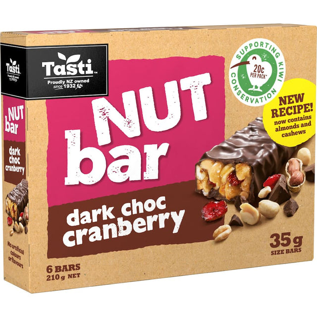 Tasti Nut Bars Dark Choc Cranberry, featuring dark chocolate and cranberries, provide nutritious on-the-go energy and flavor.