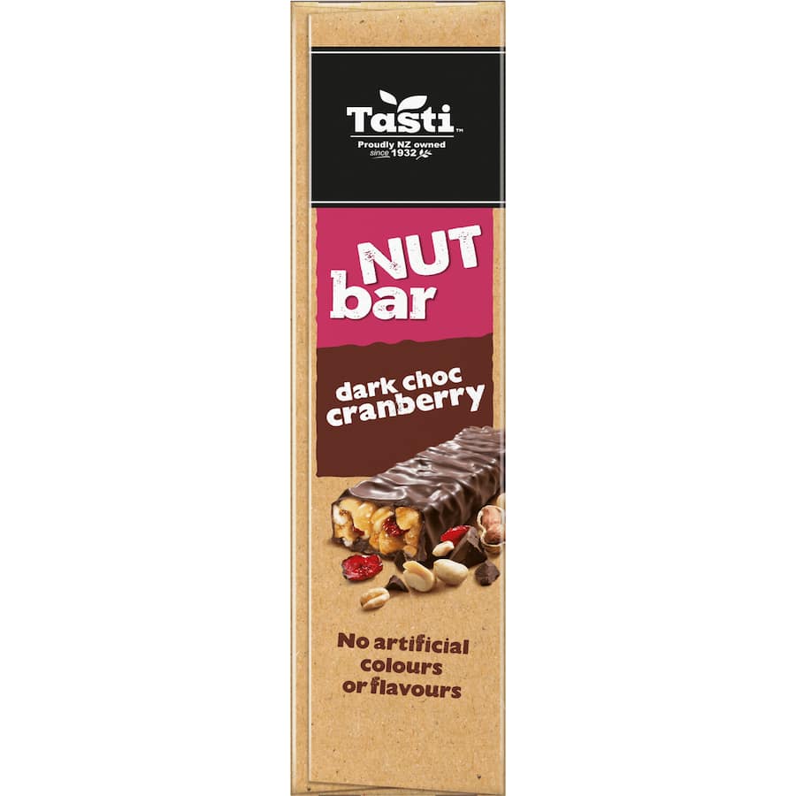 Tasti Nut Bars Dark Choc Cranberry with nuts, dark chocolate, and cranberries, offering a nutritious on-the-go snack.