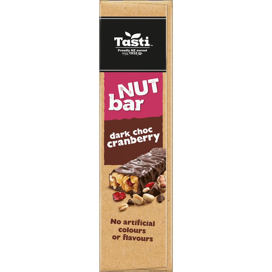 Tasti Nut Bars Dark Choc Cranberry: dark chocolate and cranberry snack bars packed with nuts, protein, and natural ingredients.