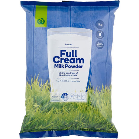 Woolworths Milk Powder Full Cream 1kg pack, ideal for baking and creamy beverages, made from quality NZ pasteurized milk.