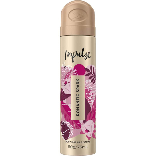 Impulse Female Bodyspray Romantic Spark features wild violets and earthy woods, perfect for on-the-go freshness and allure.