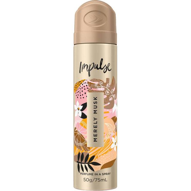 Impulse Female Bodyspray Merely Musk - a portable aerosol with notes of pink grapefruit and warm woods, perfect for daily refreshment.