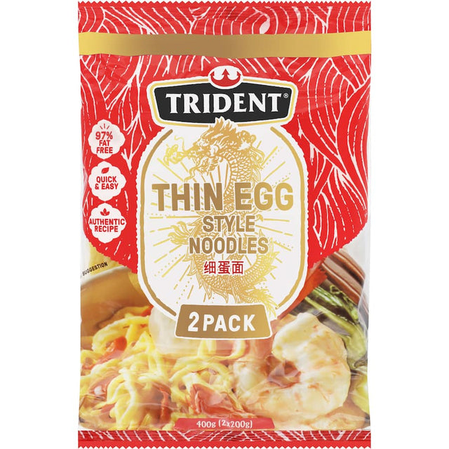 Thin and firm Trident Egg Noodles, perfect for Cantonese dishes like Mei Goreng and Wonton Noodle Soup, quick to prepare.