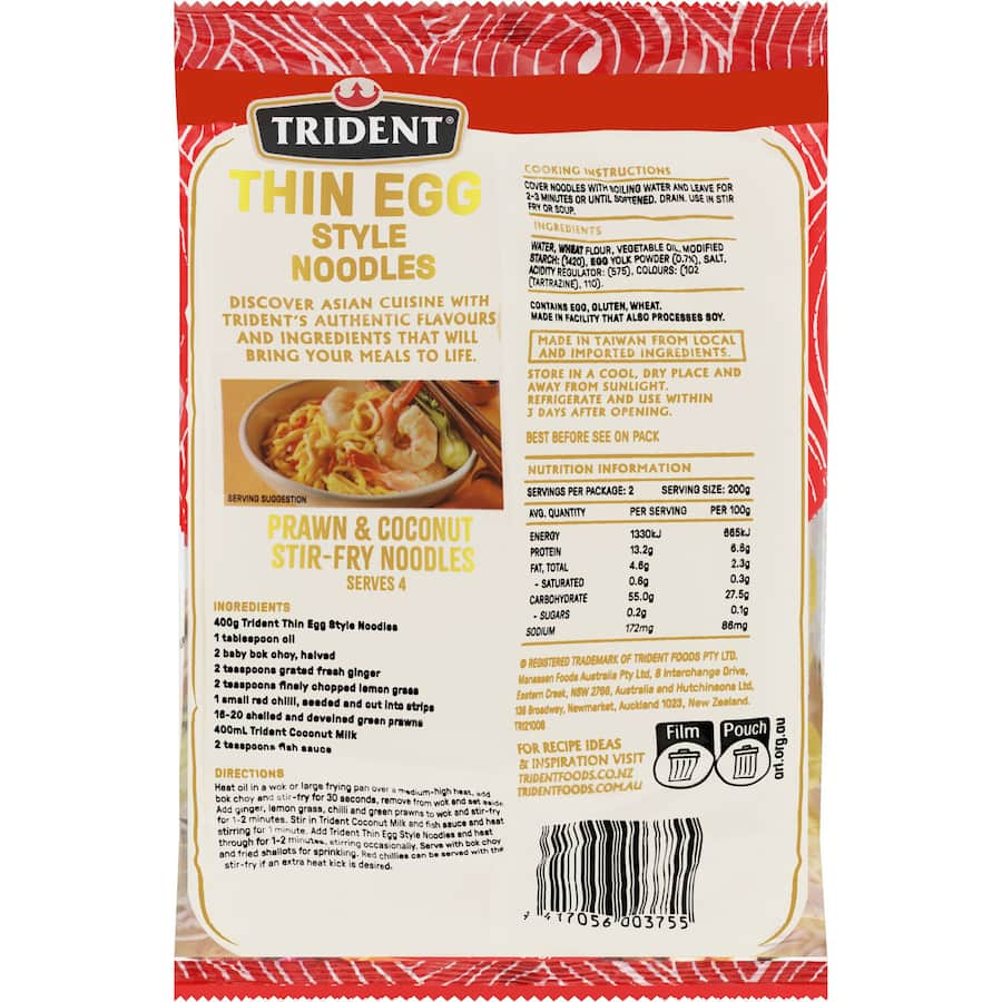 Trident Egg Noodles Thin, versatile and firm, ideal for Cantonese dishes like Mei Goreng and Chow Mein, quick to prepare.