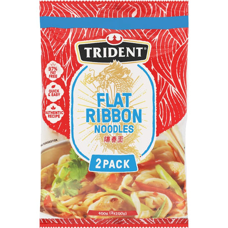 Trident Flat Ribbon Noodles Plain, versatile flat noodles perfect for absorbing sauce flavors in various Asian dishes.