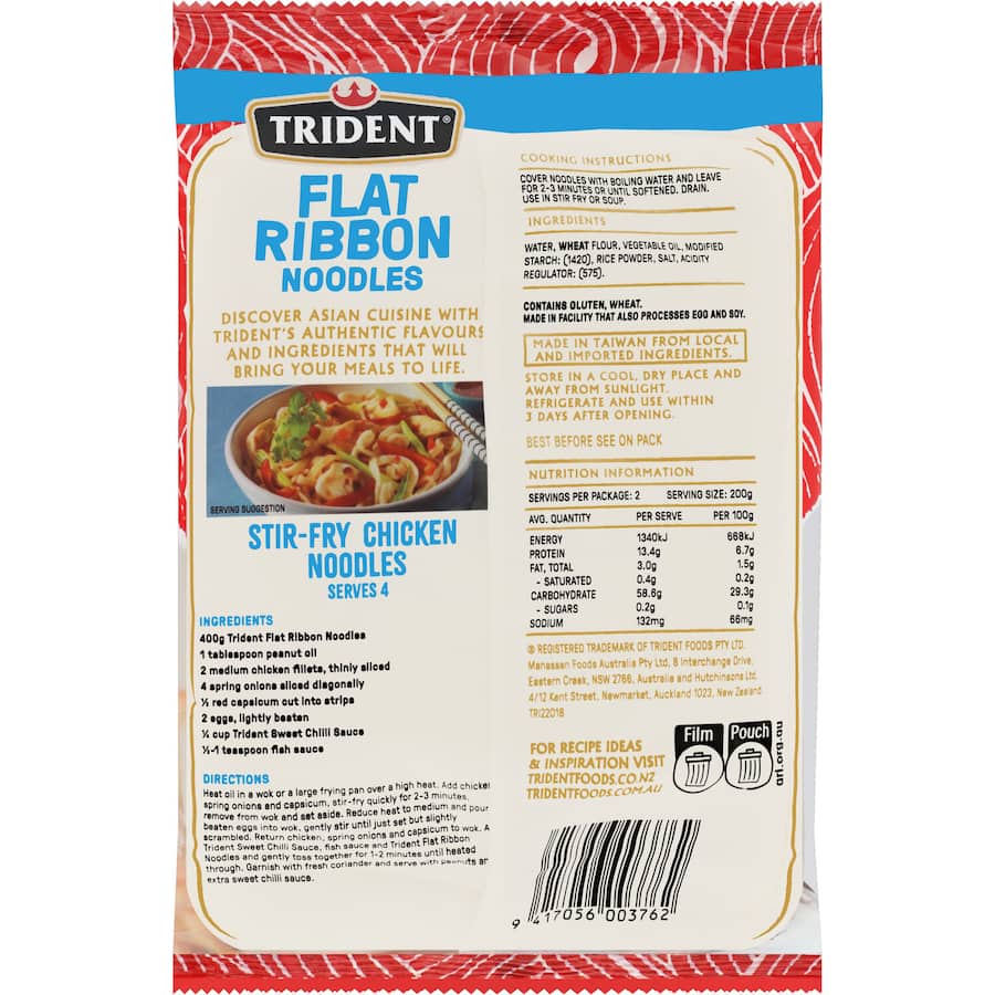 Trident Flat Ribbon Noodles Plain, versatile and easy-to-cook noodles perfect for absorbing flavors in various dishes.