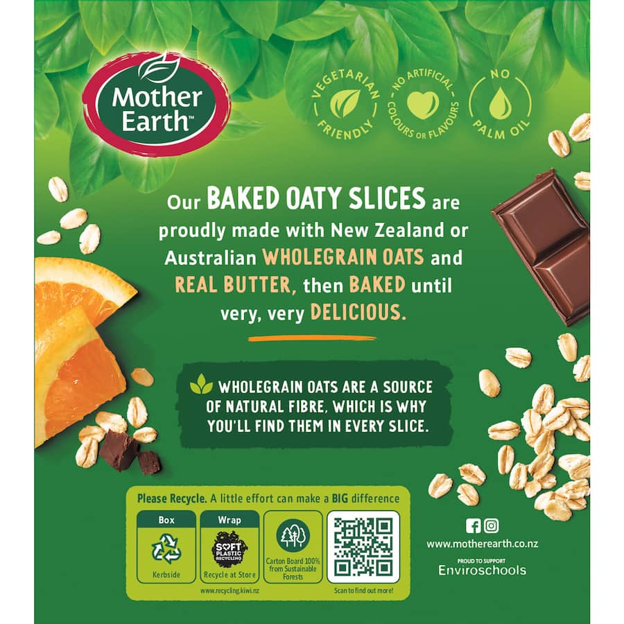 Mother Earth Oaty Slices: soft oat bars with dark chocolate and orange, perfect for healthy snacking on the go.