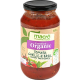 Macro Organic Pasta Sauce in a jar, featuring rich tomato, garlic, and basil, ideal for quick, healthy meals.