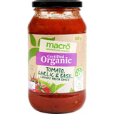 Organic pasta sauce featuring tomato, garlic, and basil, perfect for quick meals with no artificial additives.