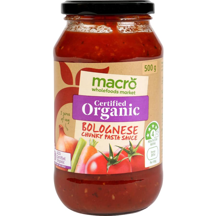 Rich organic Bolognese pasta sauce made with tomatoes, basil, and no artificial additives, ideal for wholesome meals.