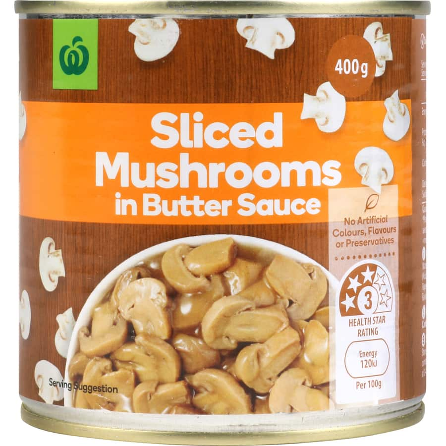 Woolworths Sliced Mushrooms in Butter Sauce, a flavorful and nutritious side, free from artificial additives and easy to prepare.