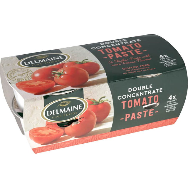 Delmaine Tomato Paste: double-concentrated, sun-ripened tomato flavor in four 70g tubs, perfect for enhancing sauces and dishes.