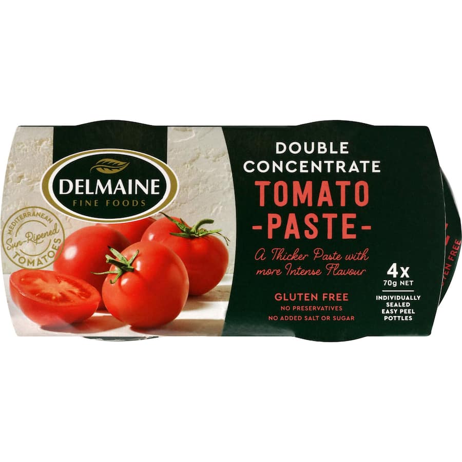 Delmaine Tomato Paste: Four 70g tubs of rich, double concentrated tomato paste for enhancing sauces, stews, and soups.