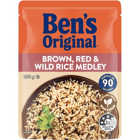 A gourmet blend of brown, red, and wild rice, ready in 90 seconds for quick, nutritious meals without artificial additives.