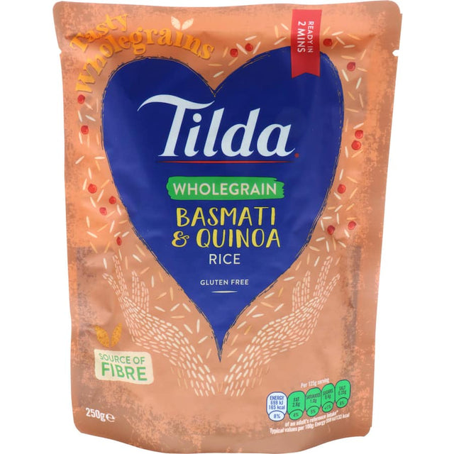 Microwavable pouch of Tilda Brown Basmati Rice and Quinoa, perfect for healthy vegetarian and gluten-free meals.