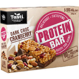 Tasti Protein Bars Dark Choc Cranberry: chewy bars with dark chocolate, cranberries, and 10g protein, perfect for on-the-go snacking.