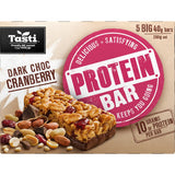 Delicious Tasti Protein Bar featuring dark chocolate and cranberry, packed with 10g protein for a nutritious on-the-go snack.