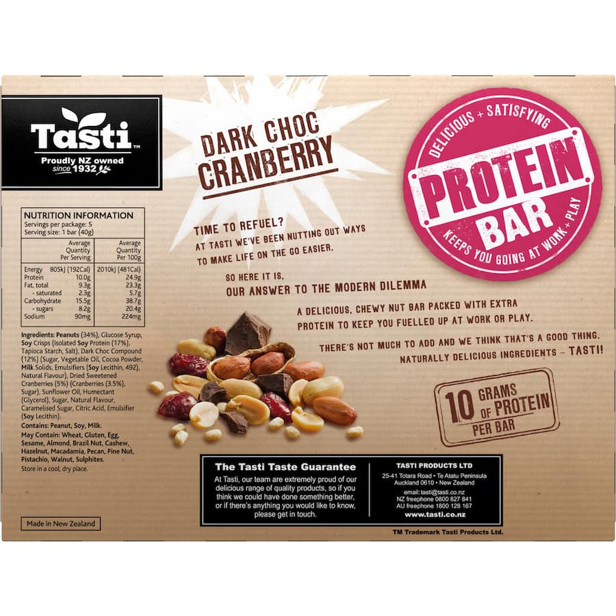 Chewy protein bar with dark chocolate and cranberries, offering 10g protein for a delicious, energizing snack.