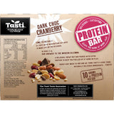 Chewy protein bar with dark chocolate and cranberries, offering 10g protein for a delicious, energizing snack.