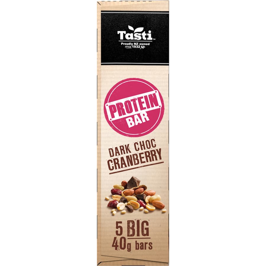 Tasti Protein Bars Dark Choc Cranberry: chewy bars with dark chocolate, cranberries, and 10g protein for an energizing snack.