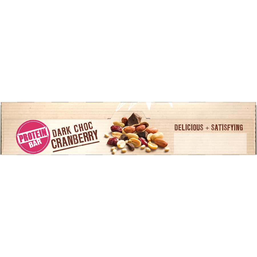 Chewy Tasti Protein Bar with rich dark chocolate and tart cranberries, offering 10 grams of protein for energy on the go.