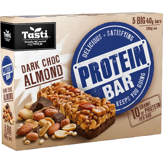 Tasti Protein Bars Dark Choc Almond: chewy bars rich in dark chocolate and almonds, packed with 10g of protein for guilt-free snacking.