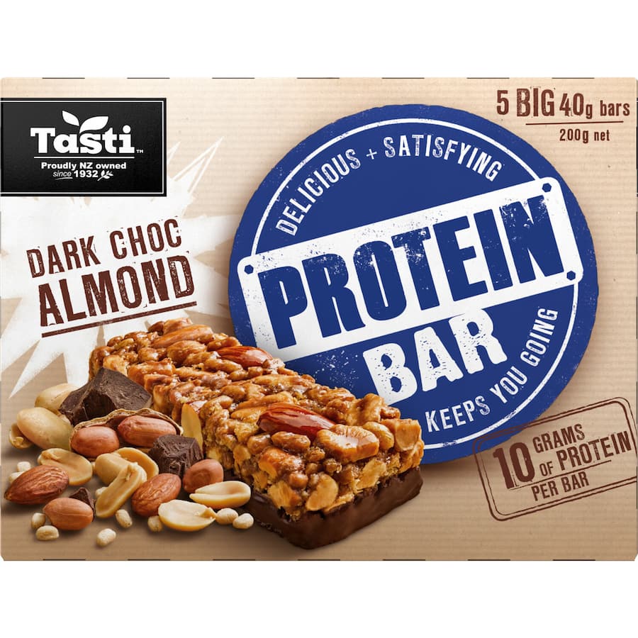 Tasti Protein Bars Dark Choc Almond: chewy bars with rich dark chocolate, crunchy almonds, and 10g protein for guilt-free snacking.