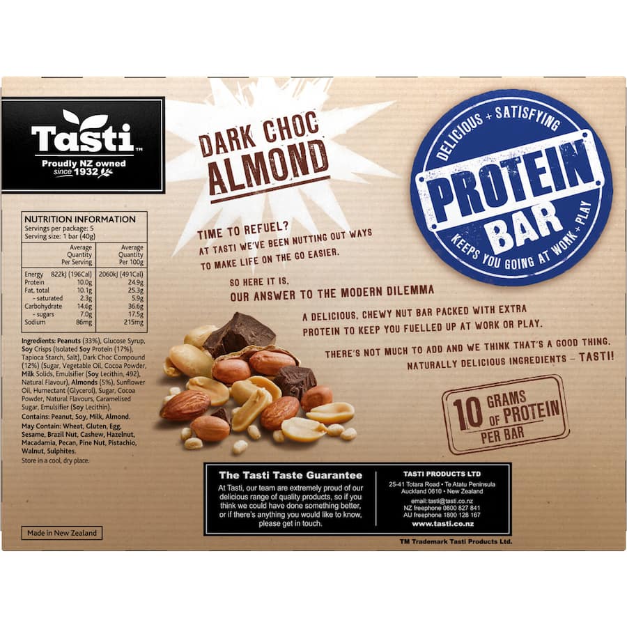 Chewy Tasti Protein Bar in Dark Chocolate Almond flavor, packed with 10g protein for a delicious, guilt-free snack.