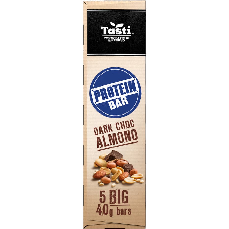 Tasti Protein Bars Dark Choc Almond: chewy bars with dark chocolate and almonds, packed with 10g of protein for guilt-free snacking.