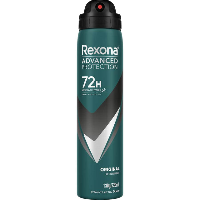 Rexona For Men Advanced Original deodorant offers 72 hours of sweat protection with motion-activated freshness technology.