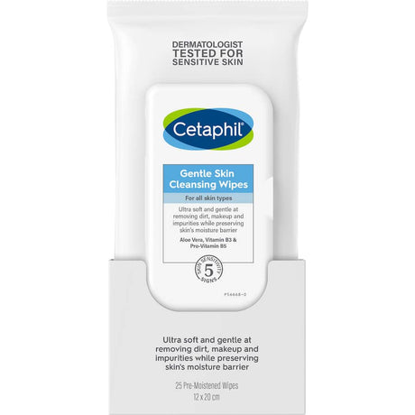 Cetaphil Cleansing Wipes Gentle for sensitive skin, remove makeup and impurities without irritation, pH balanced and fragrance-free.