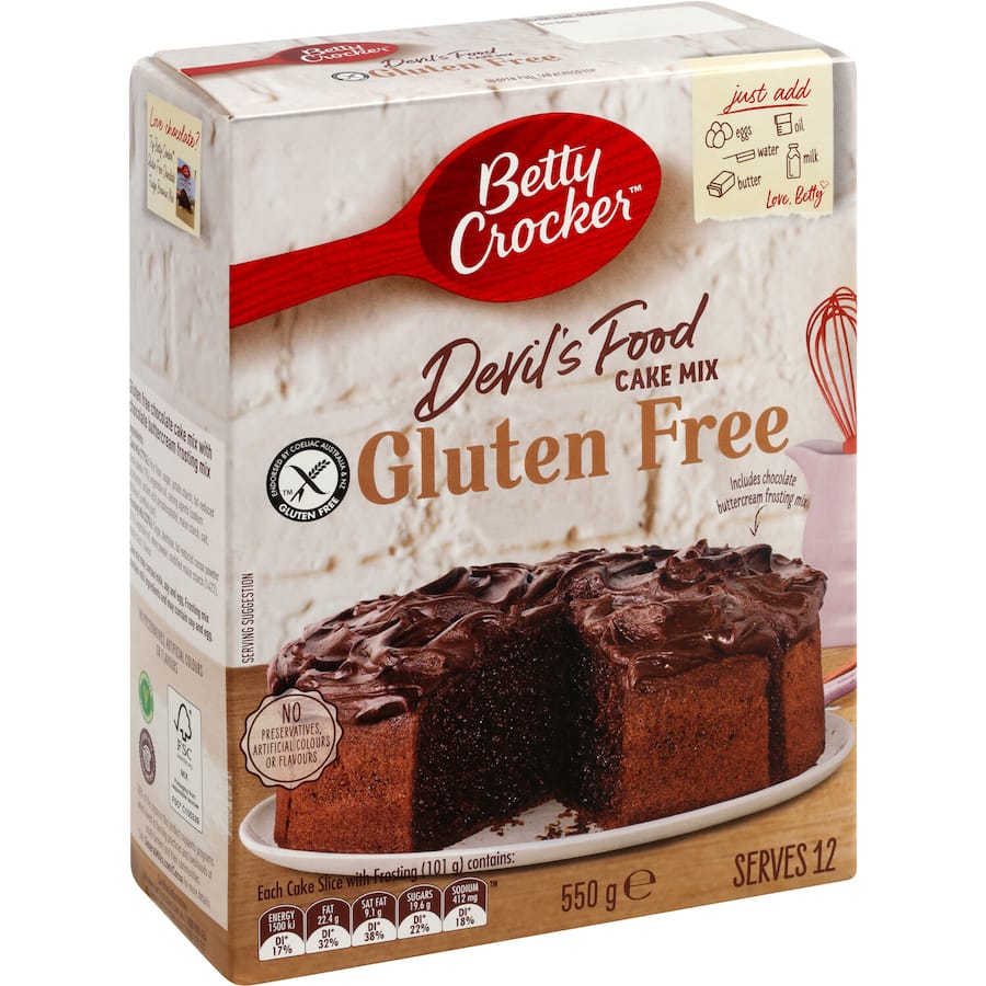 Betty Crocker gluten-free Devil's Food Cake mix, rich cocoa flavor, easy to bake, perfect for gluten sensitivities.