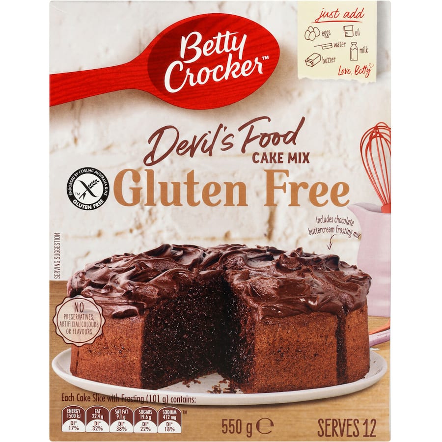 Gluten-free Betty Crocker Devil's Food Cake Mix for a rich, moist chocolate dessert, perfect for gluten sensitivities.