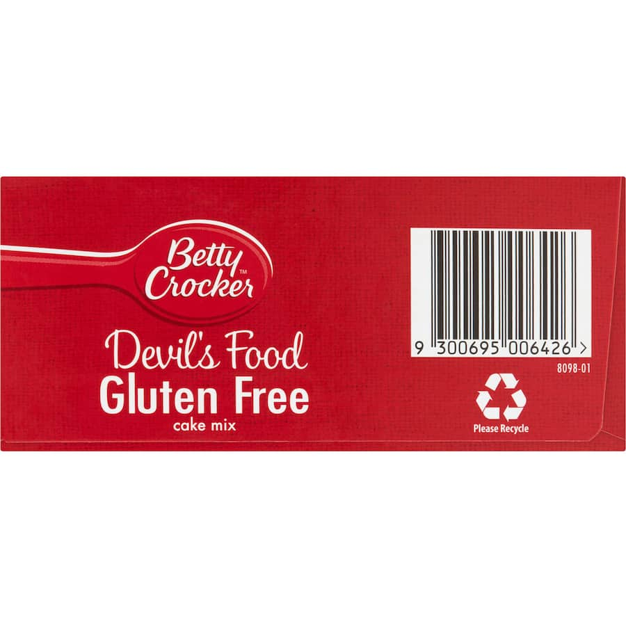 Betty Crocker Gluten-Free Devils Food Cake Mix, rich in cocoa flavor, ideal for easy baking without gluten.