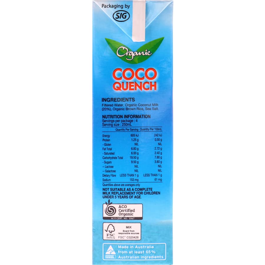 Creamy Pureharvest Coconut Milk Coco Quench, a dairy-free beverage enriched with calcium and vitamin D for tropical enjoyment.