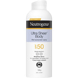 Neutrogena Ultra Sheer Sunscreen Mist SPF 50+, lightweight, non-greasy, water-resistant, offers broad-spectrum UV protection.