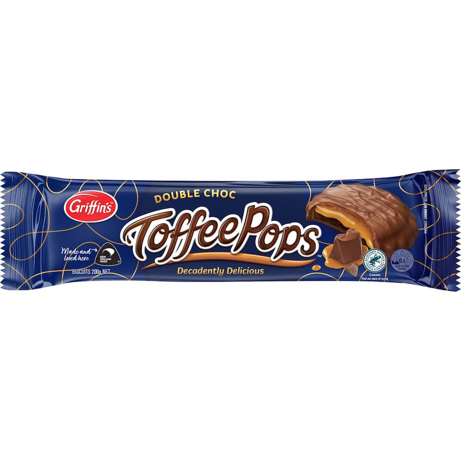 Griffins Toffee Pops Double Choc biscuits with gooey caramel toffee covered in rich milk chocolate, perfect for indulgent snacking.