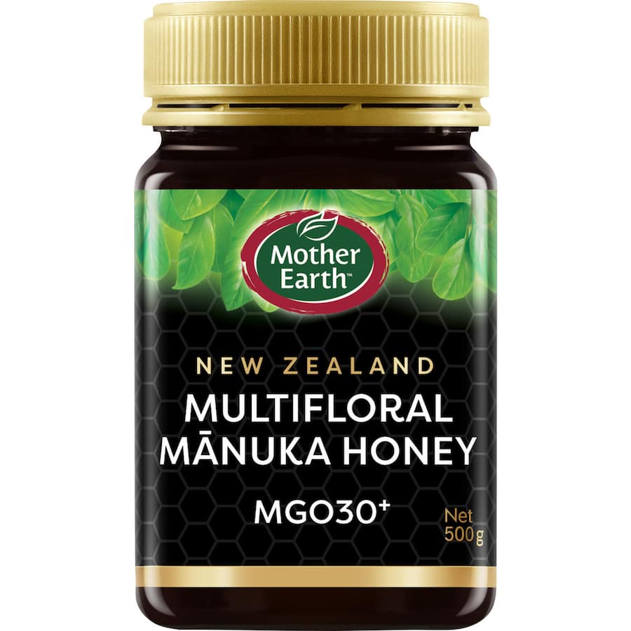 Mother Earth Manuka Honey Blend in a 500g jar, showcasing its rich, multifloral taste and MGO 30+ quality from New Zealand.