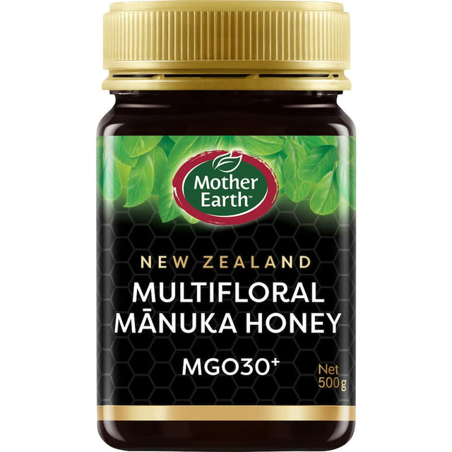 Mother Earth Manuka Honey Blend in a 500g jar, showcasing its rich, multifloral taste and MGO 30+ quality from New Zealand.