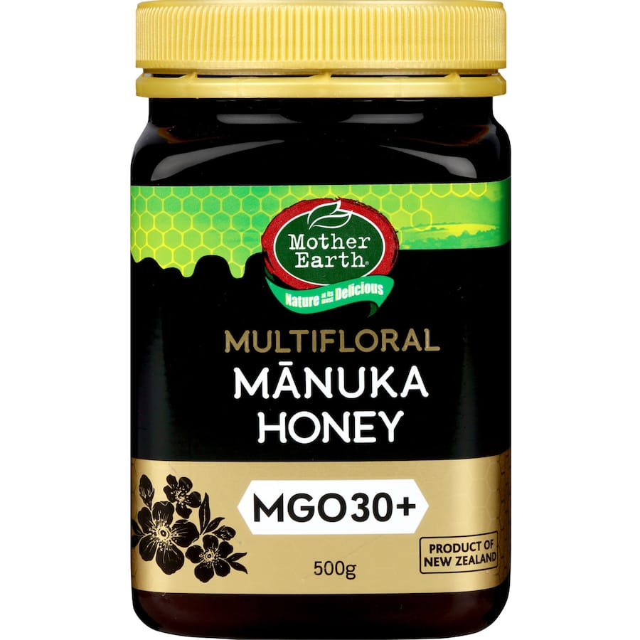 Mother Earth Manuka Honey Blend jar showcasing multifloral honey with MGO 30+ and rich, rounded flavor from New Zealand.