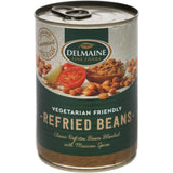 Delmaine Refried Beans: rich bean paste, perfect for Mexican dishes like burritos, tostadas, and versatile in various recipes.