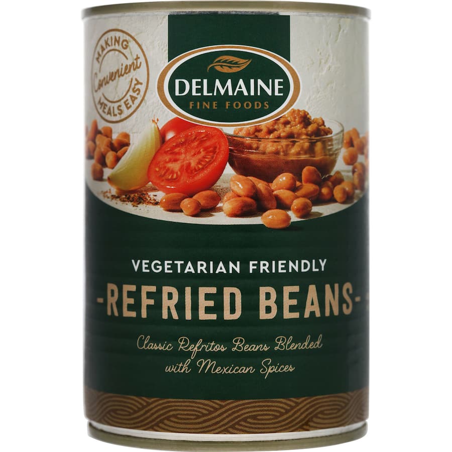 Delmaine Beans Refried, a rich bean paste ideal for burritos, tostadas, and versatile vegetarian dishes.