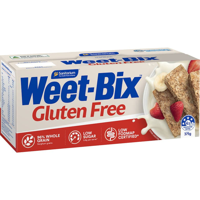 Sanitarium Weet-Bix Gluten Free Cereal: crunchy, nutritious sorghum-based breakfast, 96% whole grain, low in sugar, perfect for gluten-free diets.